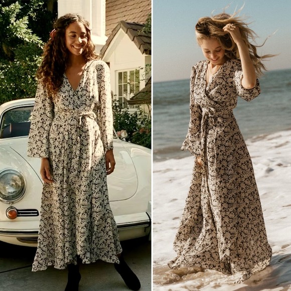 Doen Dresses & Skirts - Doen Augusta V-neck Midi Floral Dress Long Sleeve White Black Wrap Size S